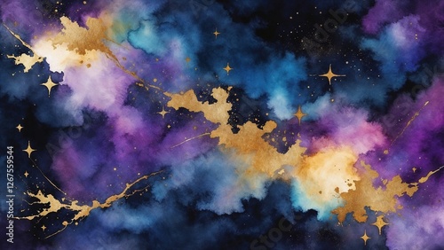 Elegant watercolor painting of a cosmic scene with gold accents and vibrant hues of blue and purple