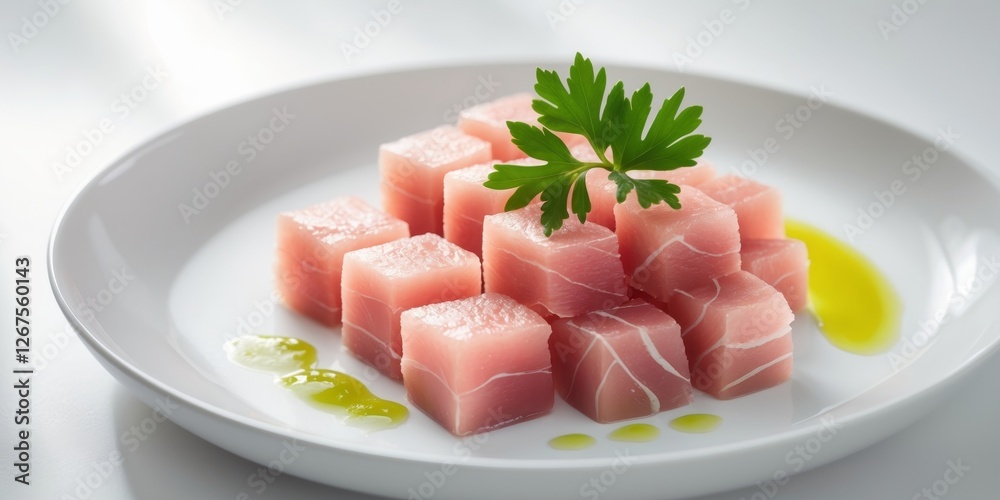 Fresh Raw Tuna Cubes on White Plate Garnished with Fresh Parsley for Culinary Presentation. Fresh Raw Tuna Cubes on White Plate Garnished with Fresh Parsley for Culinary Presentation.