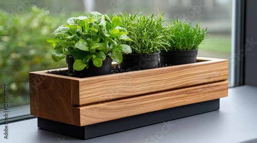 A wooden planter box with three potted plants sits on a windowsill. photo