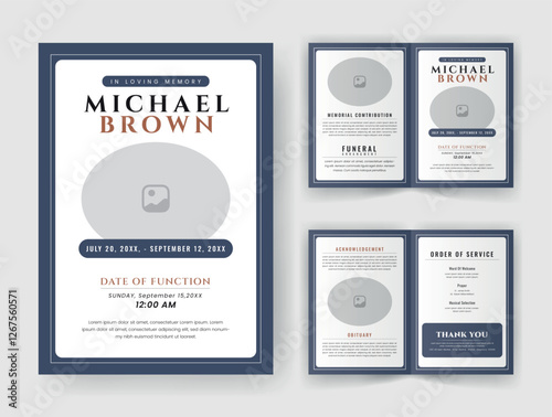 Funeral  Template for Memorial Program. Minimalist Bifold Brochure Design Layout.