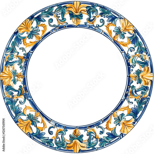 Ornate circular frame in vibrant blue gold and teal showcasing intricate floral designs a decorative masterpiece