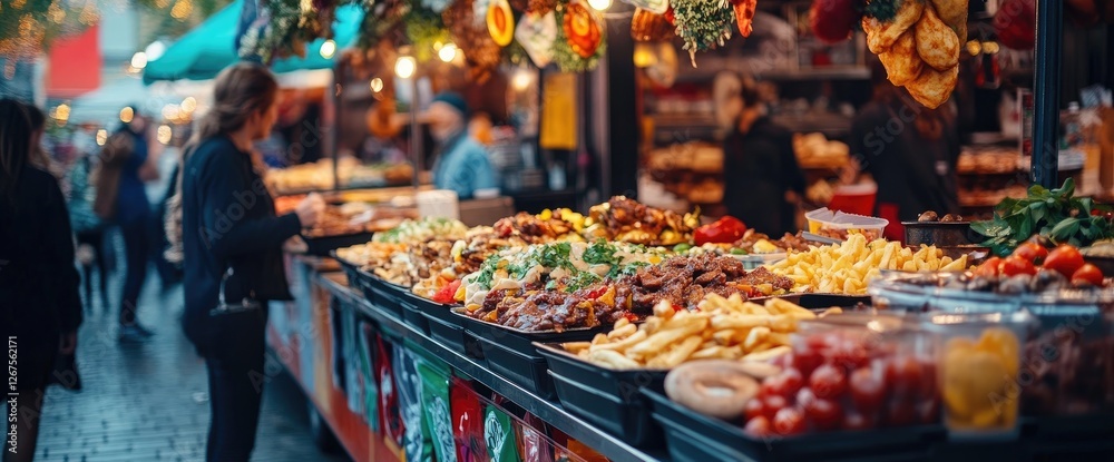 Woman buys food at bustling outdoor market Woman buys food at bustling outdoor market