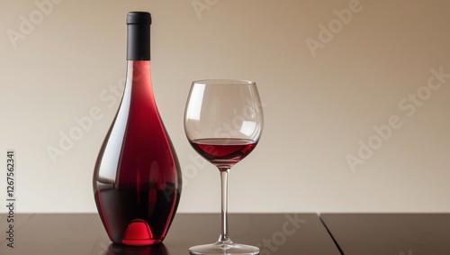 A stylish bottle of exquisite red wine and a stunning glass create an inviting gathering photo