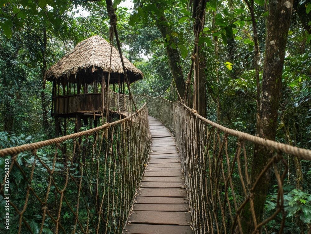Exploring a serene canopy walkway leading to a rustic tree house in the lush rainforest Exploring a serene canopy walkway leading to a rustic tree house in the lush rainforest