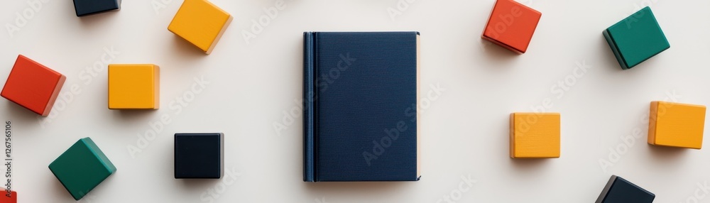 A Stylish Blue Notebook Surrounded by Colorful Blocks on a Clean White Background A Stylish Blue Notebook Surrounded by Colorful Blocks on a Clean White Background