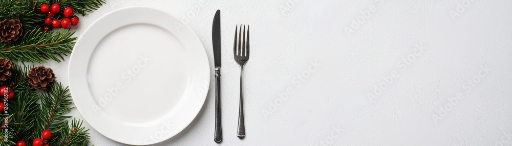 Festive Table Setting with Empty Plate, Knife, Fork, Pine Branches, and Decorative Pine Cones for Holiday Meals Festive Table Setting with Empty Plate, Knife, Fork, Pine Branches, and Decorative Pine Cones for Holiday Meals