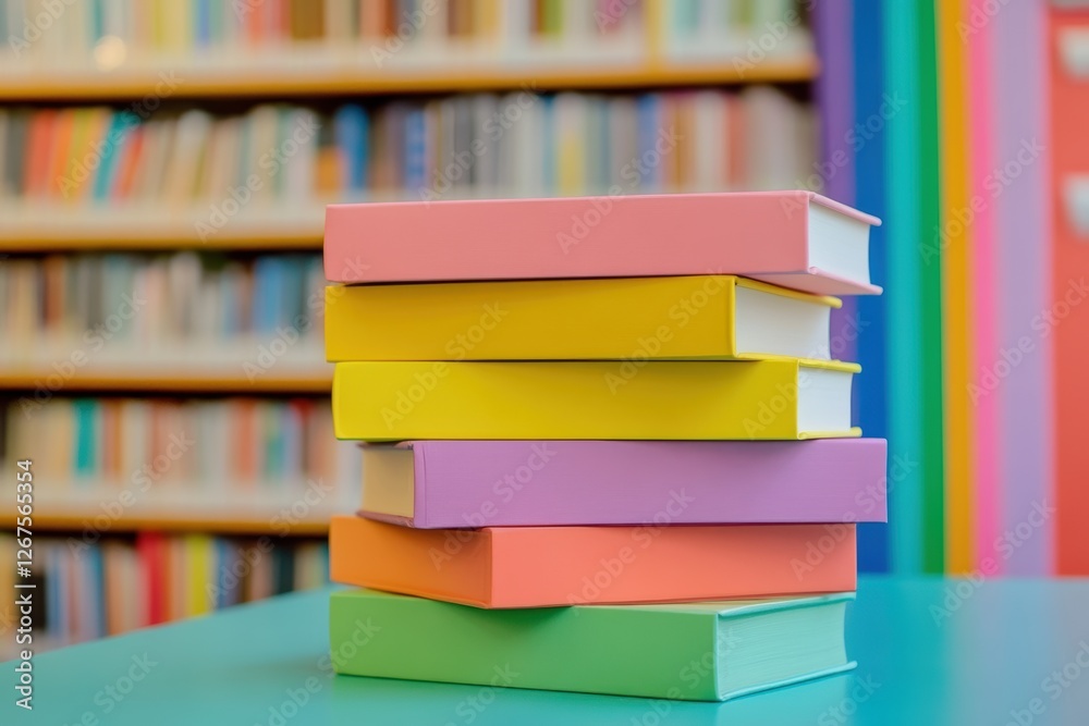 Colorful stack of books resting on a table in a lively library setting Colorful stack of books resting on a table in a lively library setting