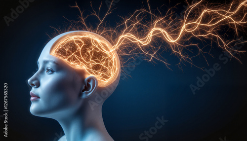 Surreal floating head with luminous threads spiraling outward, symbolizing anxiety and thoughts