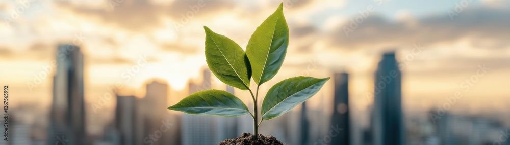 Witness the symbiosis of nature and progress in this vibrant cityscape A young plant emerges against the backdrop of skyscrapers, embodying a vision for a modern city integrating environmental Witness the symbiosis of nature and progress in this vibrant cityscape A young plant emerges against the backdrop of skyscrapers, embodying a vision for a modern city integrating environmental