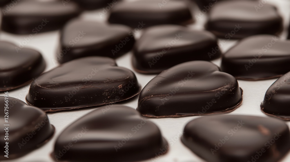 Dark chocolate heart-shaped pralines on smooth surface