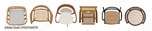 Top view of furniture icons for interior and landscape design plan. Different chairs and armchairs for terrace, patio, garden, porch zone. Vector realistic illustrations isolated 