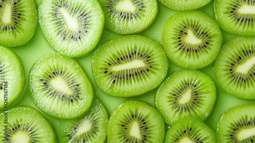 Fresh Kiwi Fruit Slices Displayed on Green Background Arrangement with Vibrant Colors and Textured Patterns for Healthy Eating Concepts Fresh Kiwi Fruit Slices Displayed on Green Background Arrangement with Vibrant Colors and Textured Patterns for Healthy Eating Concepts