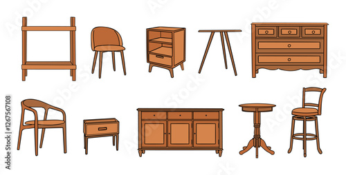 Collection of modern wooden furniture and home interior decorations in trendy Mid Century modern retro 70s style hand drawn colored outline vector illustrations isolated on transparent background.