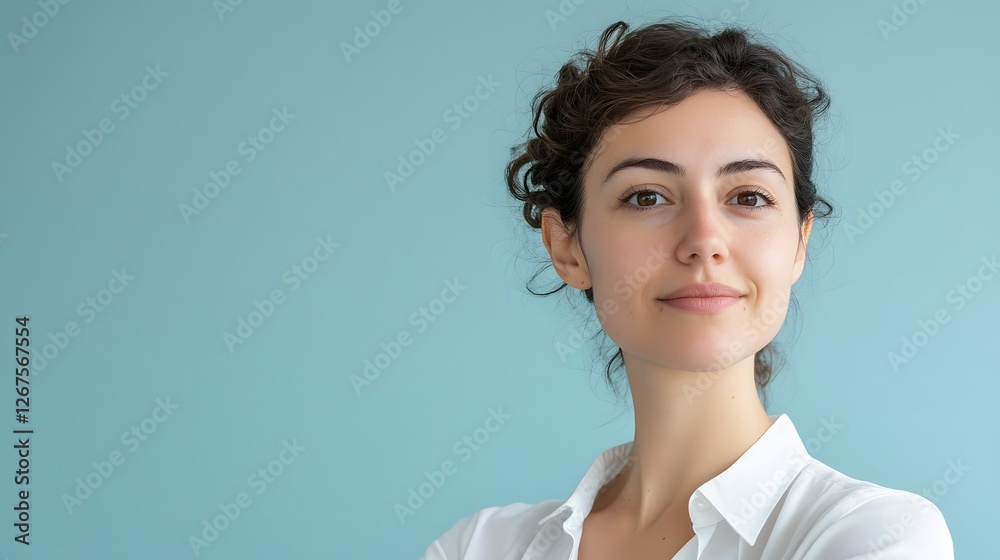 Confident Young Woman with Dark Hair in Bright Light Blue Background Confident Young Woman with Dark Hair in Bright Light Blue Background
