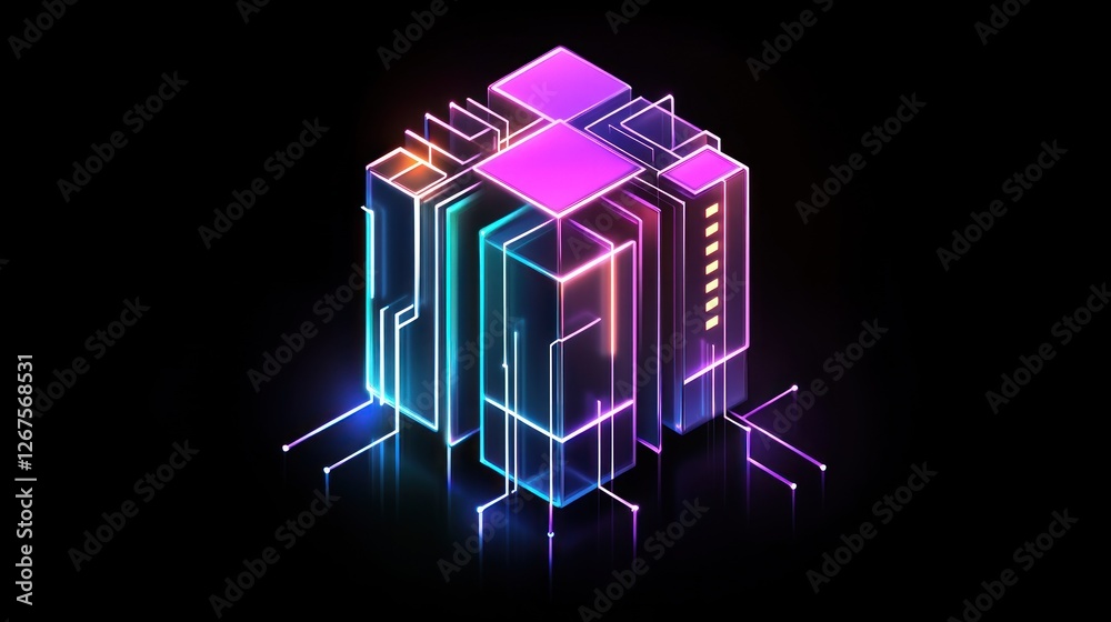 Fototapeta premium Neon Cube Data Network, Server, Abstract, Digital, Technology