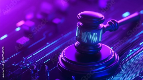 Gavel resting on circuit board symbolizing justice and technology at night