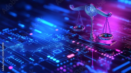 Exploring the intersection of technology and law with scales of justice on circuit board background