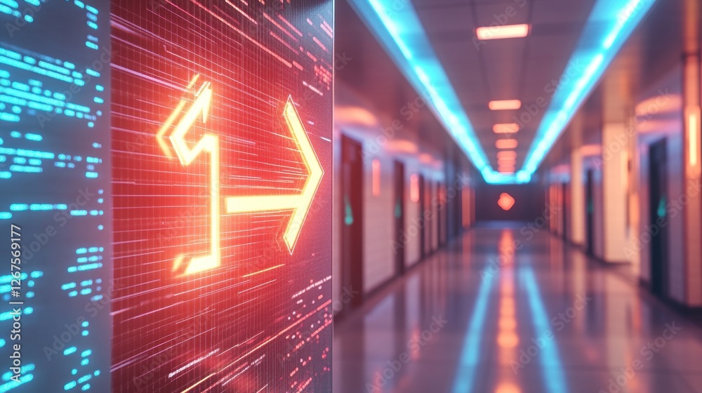 Fototapeta premium Neon arrow hallway digital data center future