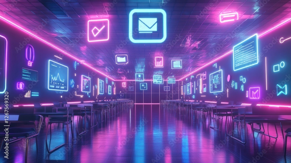 Neon classroom; digital data floats; future learning Neon classroom; digital data floats; future learning