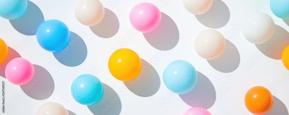 A colorful arrangement of vibrant, round balls casting playful shadows on a bright surface.
