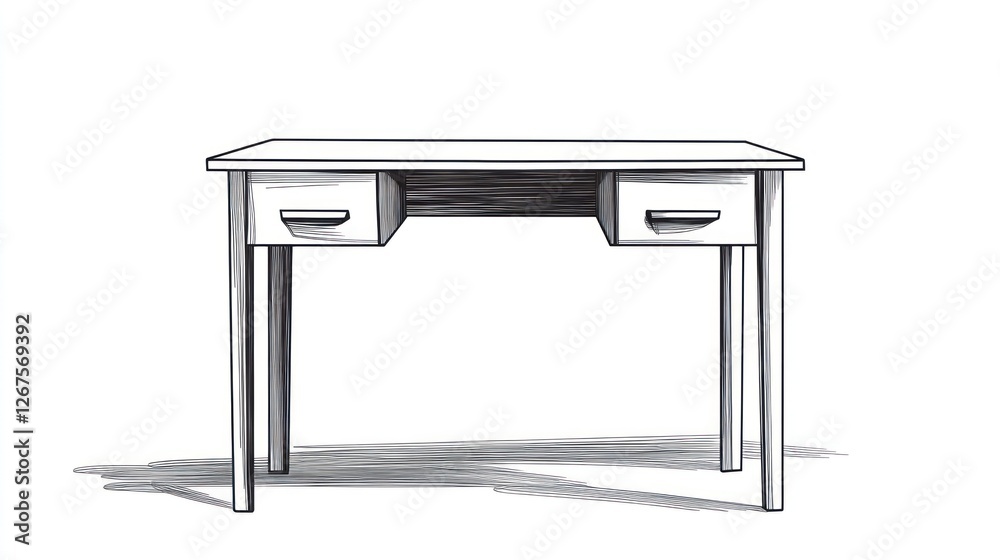 Simple desk drawing, two drawers, office workspace, white background, home d?cor Simple desk drawing, two drawers, office workspace, white background, home d?cor