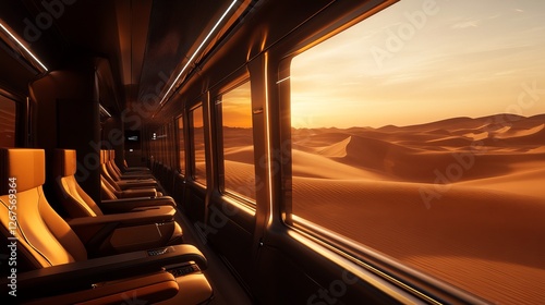 Luxurious train journey across stunning desert landscape at sunset with panoramic views