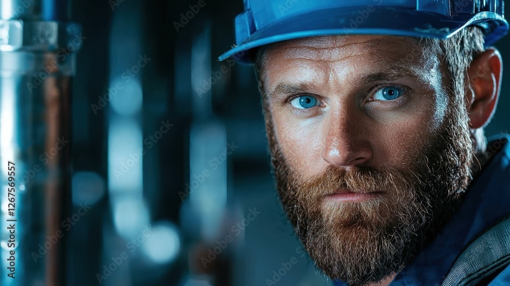Close-up Portrait of a Skilled Construction Worker with Blue Eyes and Beard, Wearing Hard Hat in Industrial Setting Close-up Portrait of a Skilled Construction Worker with Blue Eyes and Beard, Wearing Hard Hat in Industrial Setting
