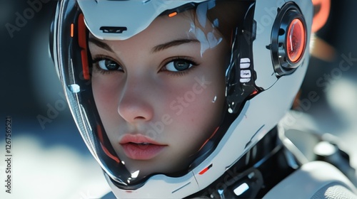 Futuristic woman in a high-tech helmet explores a distant planet, showcasing advanced technology and vivid landscapes