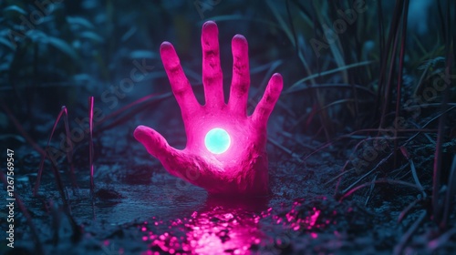 Mysterious glowing hand emerging from water under moonlight creates an enchanting atmosphere with surreal colors in an otherworldly setting