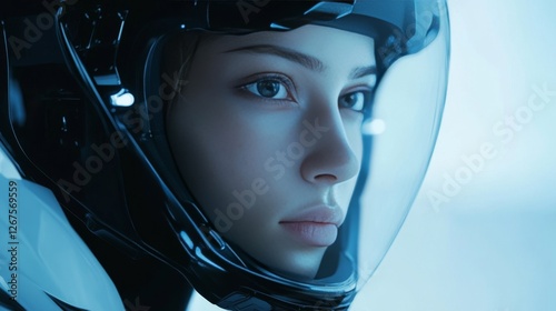 Close-up of female racer wearing a modern helmet, showcasing focus and determination in preparation for a high-speed event
