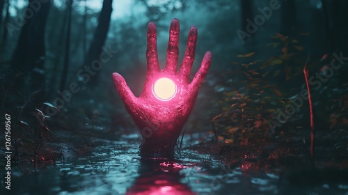 Unique hand sculpture rises from water in a misty forest at dusk creating a mystical atmosphere with soft glowing light