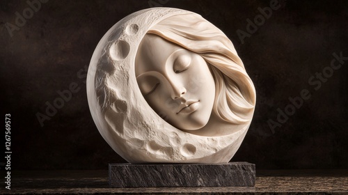 Moon-themed sculpture featuring serene woman, elegant design, and soft textures in artistic display