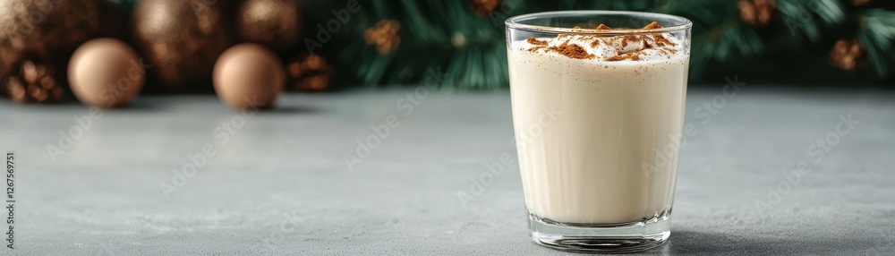Creamy Eggnog with Nutmeg in Glass on Festive Background with Ornaments and Eggs for Holiday Celebration Creamy Eggnog with Nutmeg in Glass on Festive Background with Ornaments and Eggs for Holiday Celebration