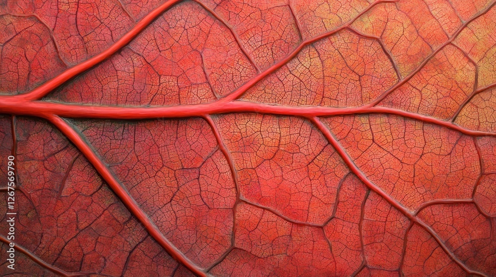 Obraz premium Red leaf vein texture, autumn detail, nature background, botanical design