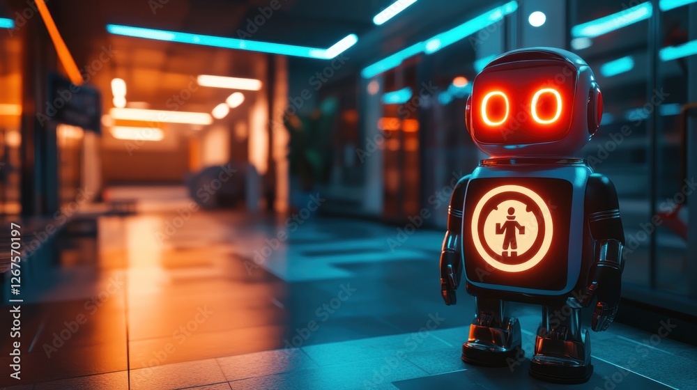 Robot security guard patrolling futuristic hallway Robot security guard patrolling futuristic hallway