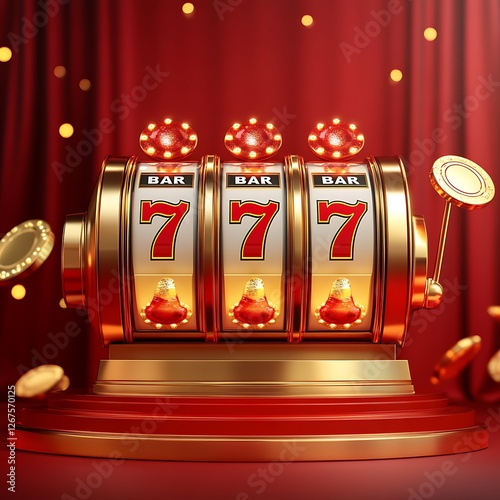 Vintage 777 Slot Machine on Red Stage