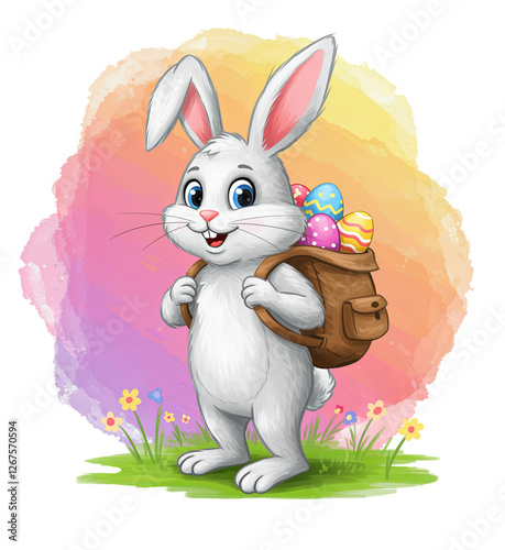 A cute easter bunny wearing a backpack full of colourful easter eggs, watercolour style clipart isolated on a transparent background