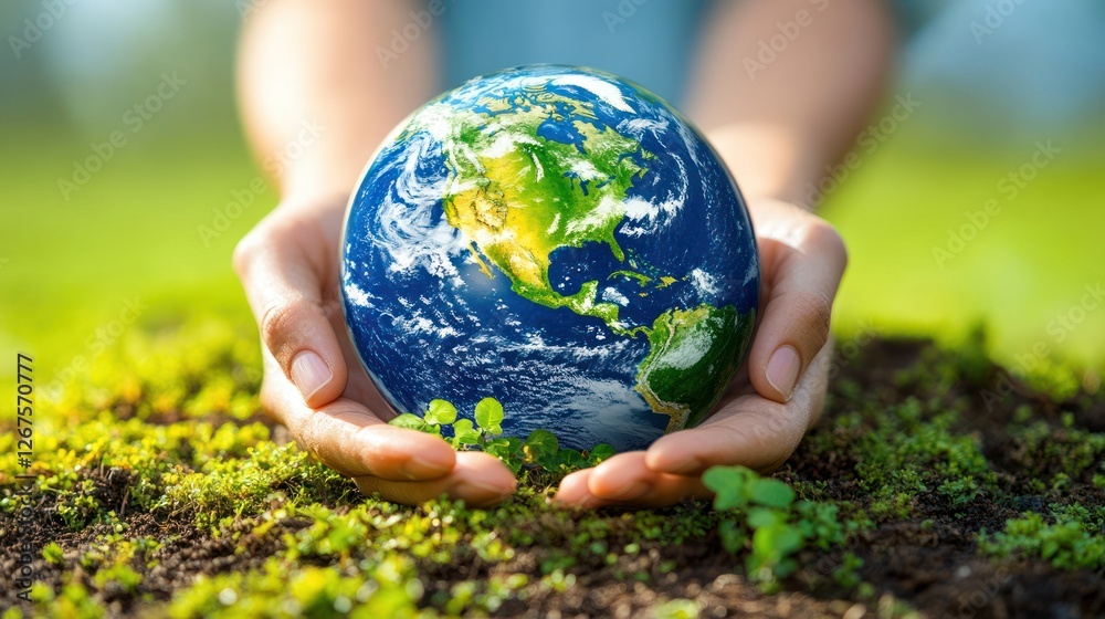 Hands holding Earth, green background, environmental conservation, website banner Hands holding Earth, green background, environmental conservation, website banner