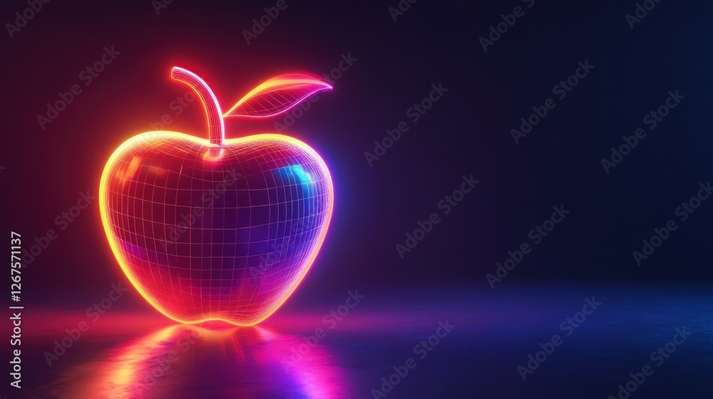 Obraz premium Glowing neon apple, dark studio, reflection, digital art, education