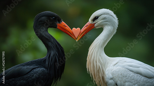 A black stork and a white stork standing face to face to each other and forming a heart with their beaks. photo