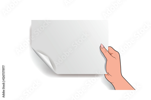 The hand holds a blank piece of paper
on a white background. Copy space, advertising, banner.
 Vector image
