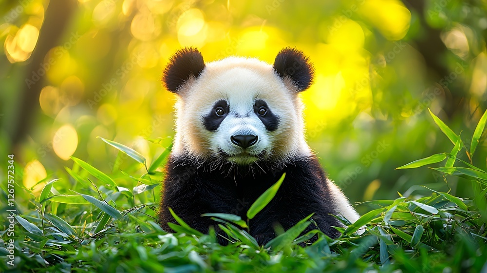 Fototapeta premium Panda cub sits in bamboo forest at sunset, nature background