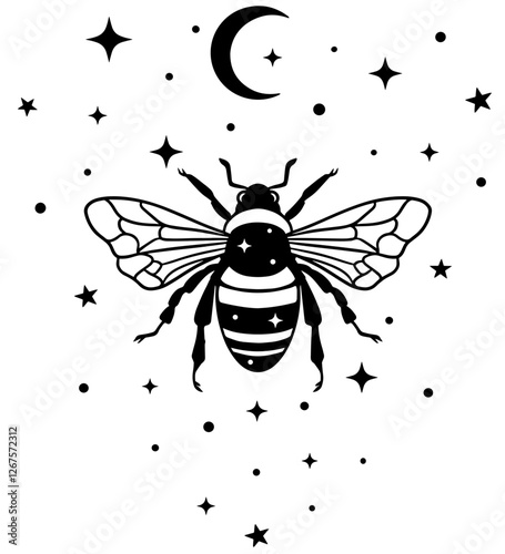 Mystical black and white vector illustration of a bee with outstretched wings, filled with stars, flying under a crescent moon. Perfect for tattoos, prints, spiritual art, and cosmic-themed designs.