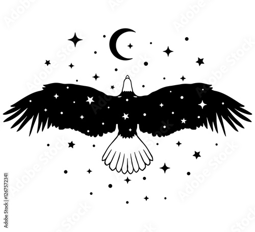 Mystical black and white vector illustration of an eagle with outstretched wings, filled with stars, flying under a crescent moon. Perfect for tattoos, prints, spiritual art, and cosmic-themed designs