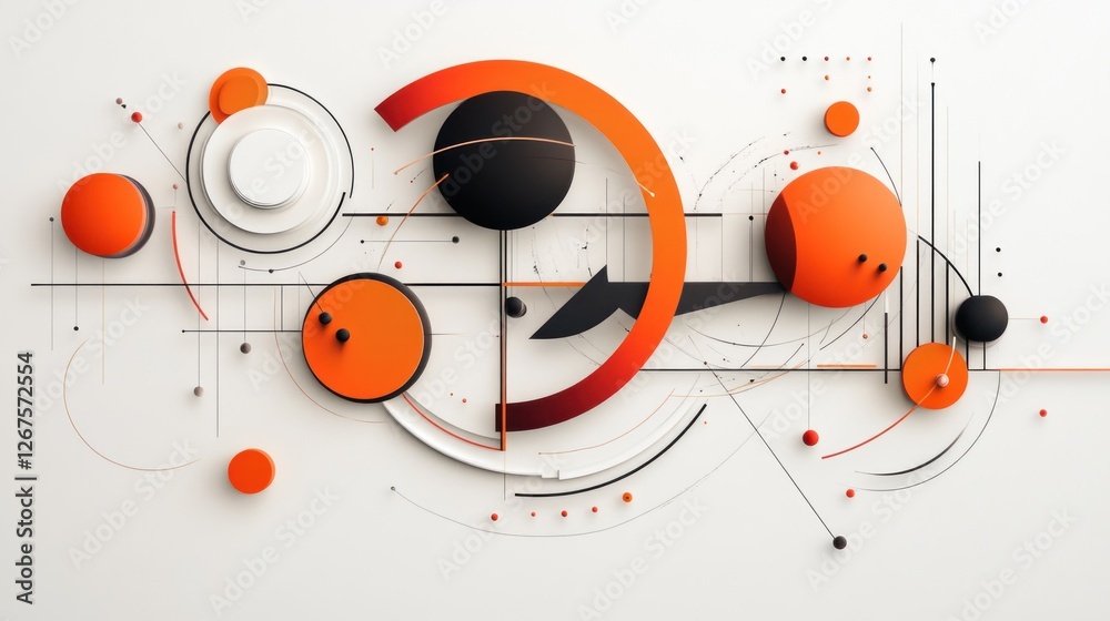 Obraz premium Abstract geometric composition with orange and black spheres, lines, and circles on a white background.