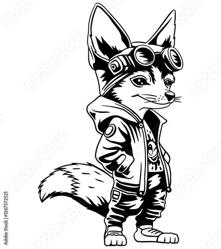 Black and white vector illustration of a cool anthropomorphic fox wearing a leather jacket, goggles, and a trendy T-shirt. Perfect for tattoos, prints, stickers, fantasy art, and streetwear designs.