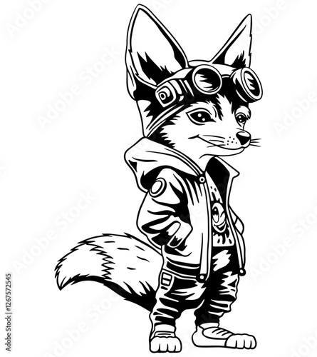 Black and white vector illustration of a cool anthropomorphic fox wearing a leather jacket, goggles, and a trendy T-shirt. Perfect for tattoos, prints, stickers, fantasy art, and streetwear designs.