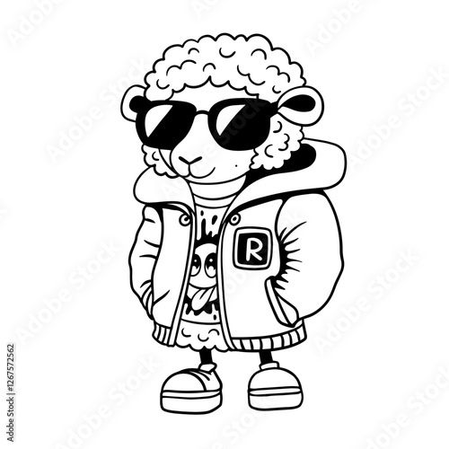 Cool black and white vector illustration of a stylish sheep wearing sunglasses, a varsity jacket, and sneakers. Perfect for coloring pages, stickers, prints, and trendy digital designs.