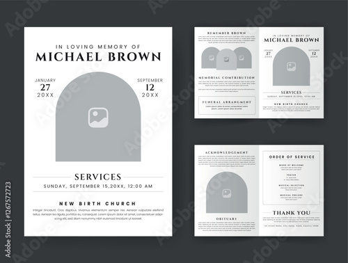 Funeral  Template for Memorial Program. Minimalist Bifold Brochure Design Layout.