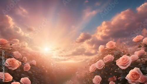 Pink roses bathed in the golden light of a magical sunset.
